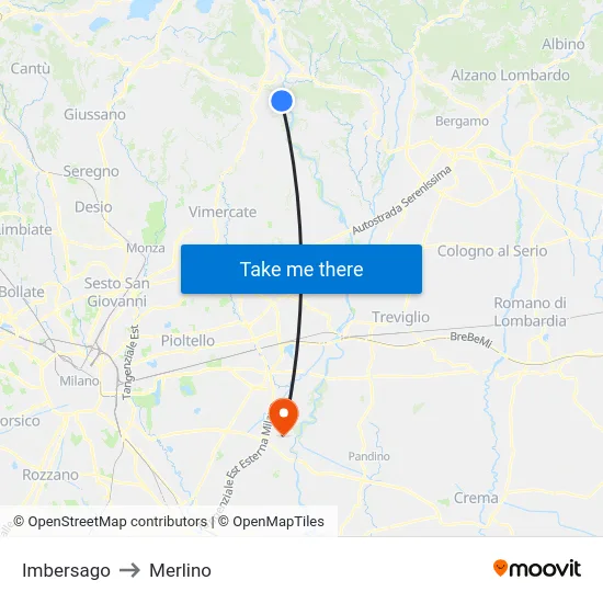 Imbersago to Merlino map