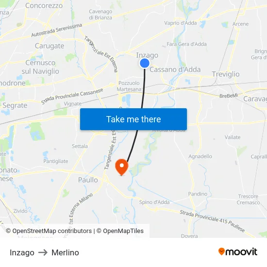 Inzago to Merlino map