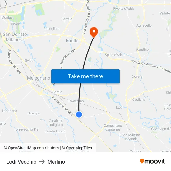 Lodi Vecchio to Merlino map