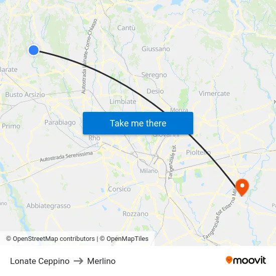 Lonate Ceppino to Merlino map
