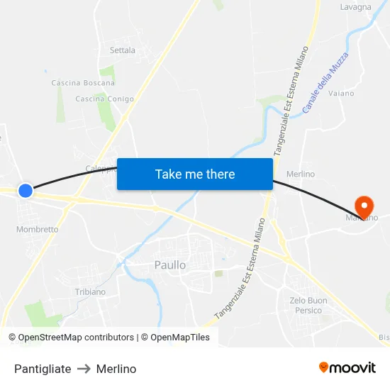 Pantigliate to Merlino map