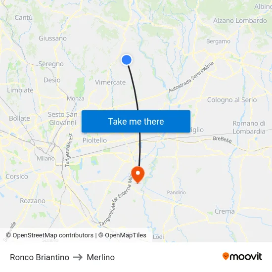 Ronco Briantino to Merlino map