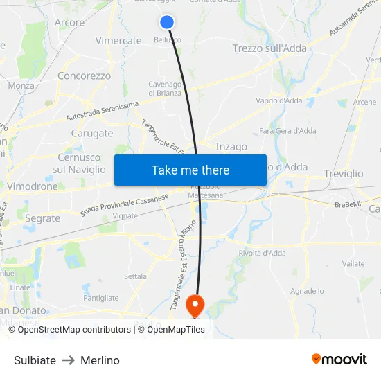 Sulbiate to Merlino map