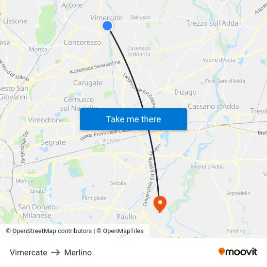 Vimercate to Merlino map