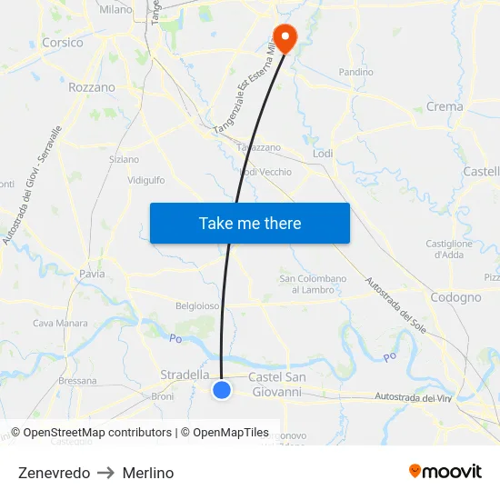 Zenevredo to Merlino map