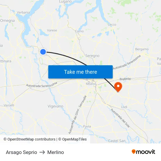 Arsago Seprio to Merlino map