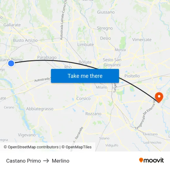 Castano Primo to Merlino map