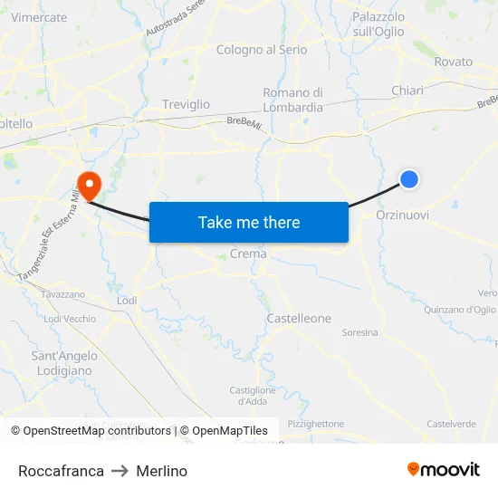 Roccafranca to Merlino map
