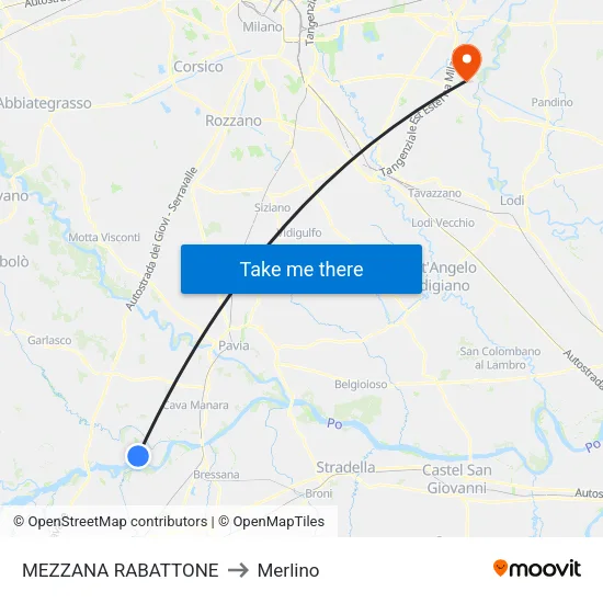 Mezzana Rabattone to Merlino map
