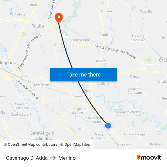 Cavenago D' Adda to Merlino map