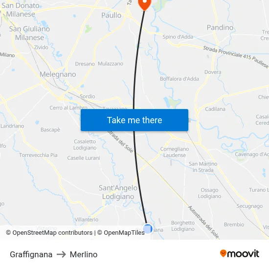 Graffignana to Merlino map