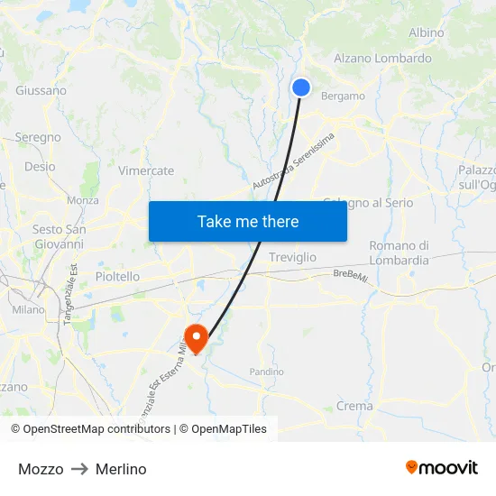 Mozzo to Merlino map