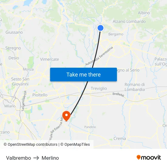 Valbrembo to Merlino map