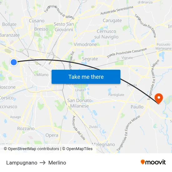 Lampugnano to Merlino map
