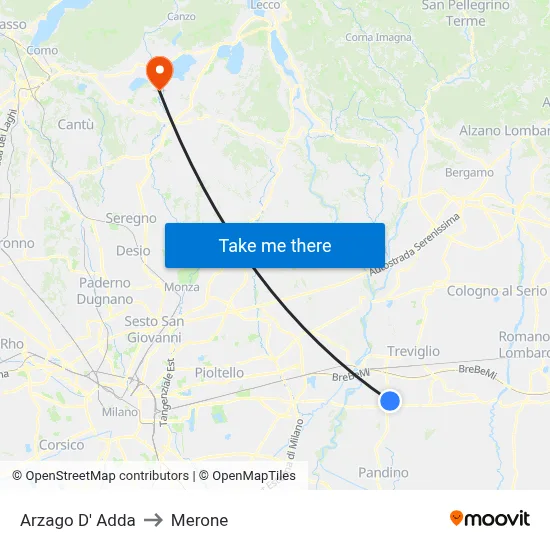 Arzago d'Adda to Merone map