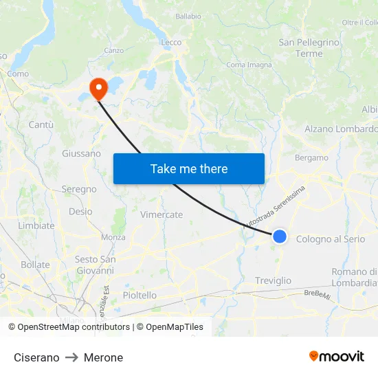 Ciserano to Merone map