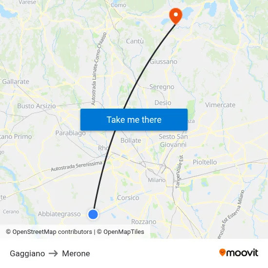 Gaggiano to Merone map