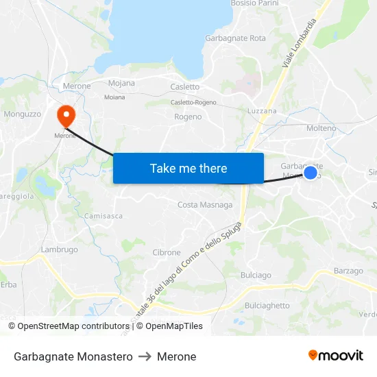 Garbagnate Monastero to Merone map