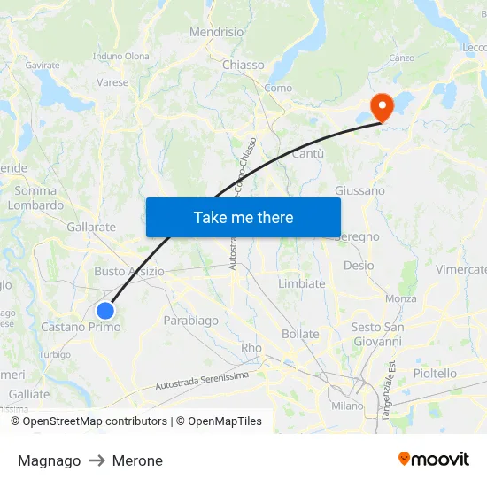 Magnago to Merone map