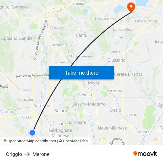 Origgio to Merone map