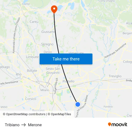 Tribiano to Merone map