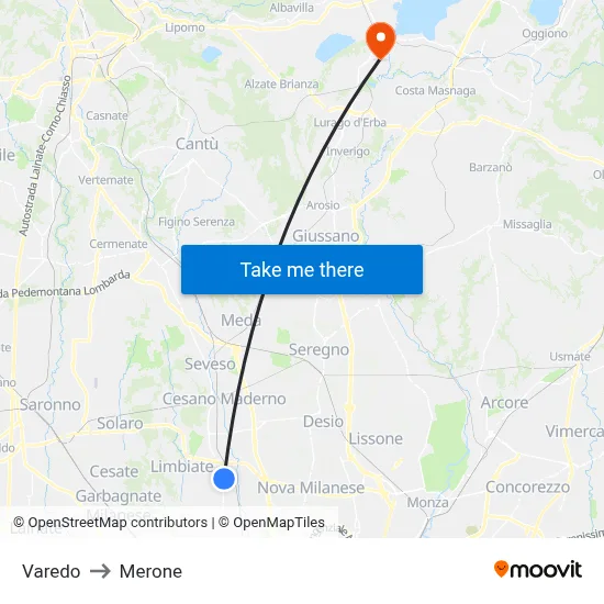 Varedo to Merone map