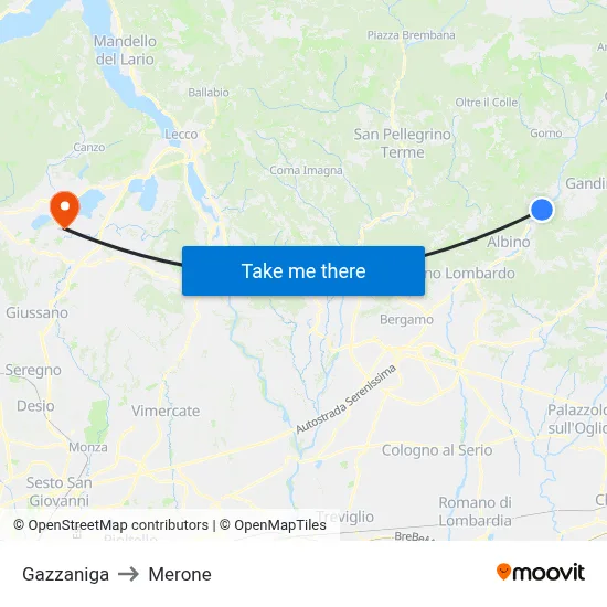 Gazzaniga to Merone map