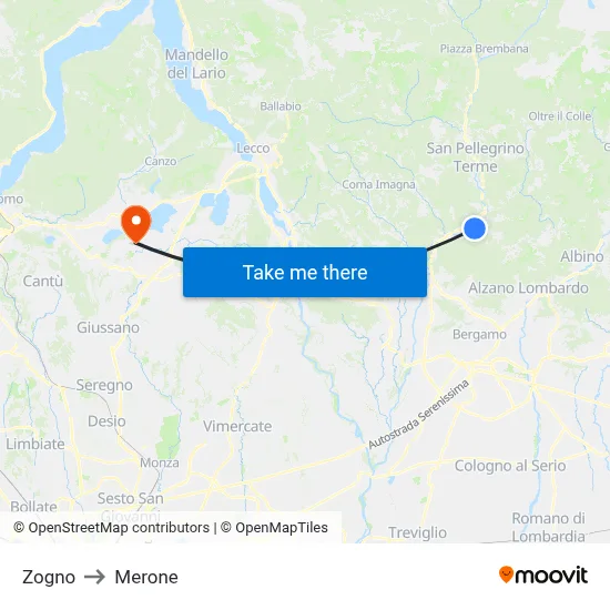Zogno to Merone map