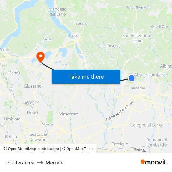 Ponteranica to Merone map