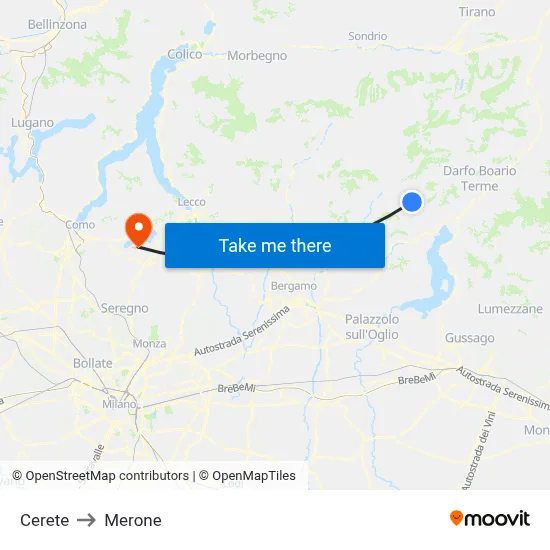 Cerete to Merone map