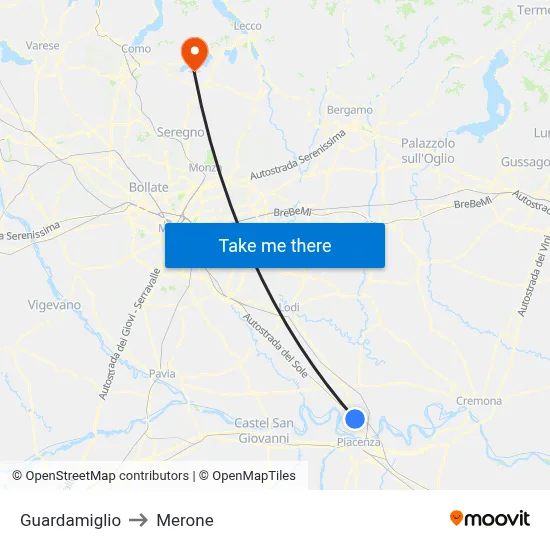 Guardamiglio to Merone map