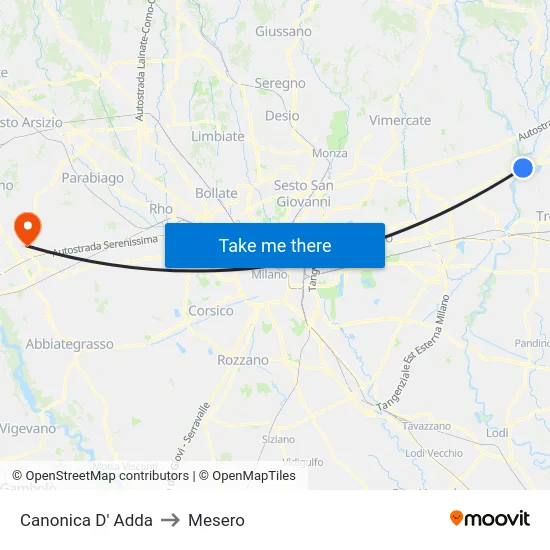 Canonica d'Adda to Mesero map