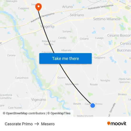Casorate Primo to Mesero map