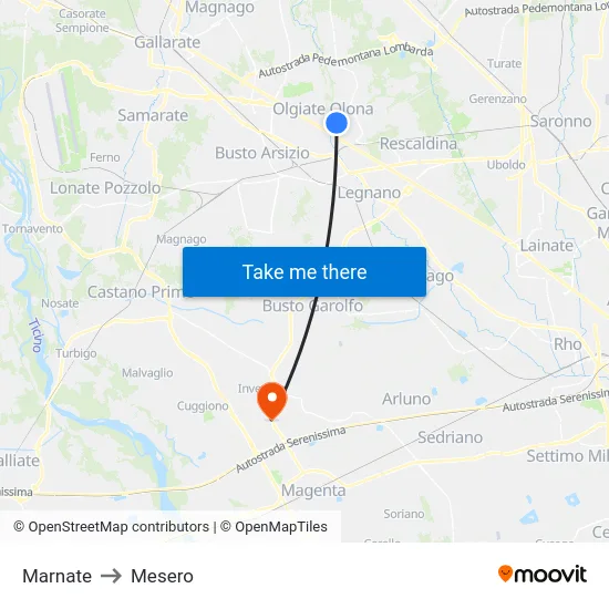 Marnate to Mesero map