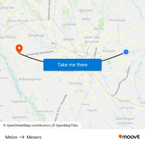Melzo to Mesero map