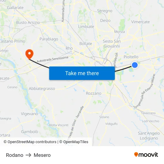 Rodano to Mesero map