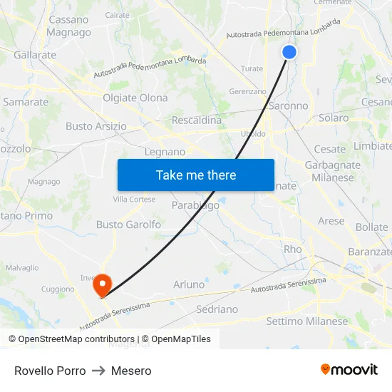 Rovello Porro to Mesero map