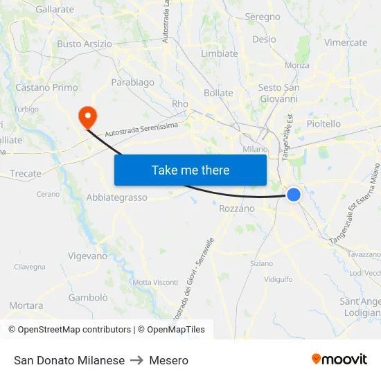 San Donato Milanese to Mesero map