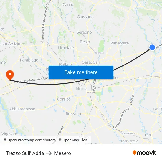 Trezzo Sull' Adda to Mesero map