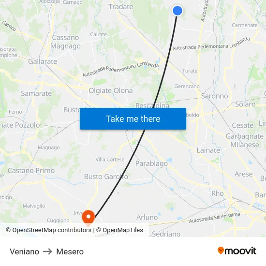 Veniano to Mesero map
