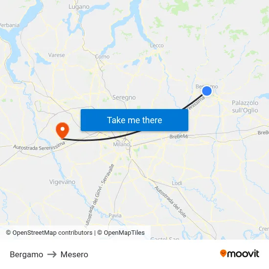 Bergamo to Mesero map