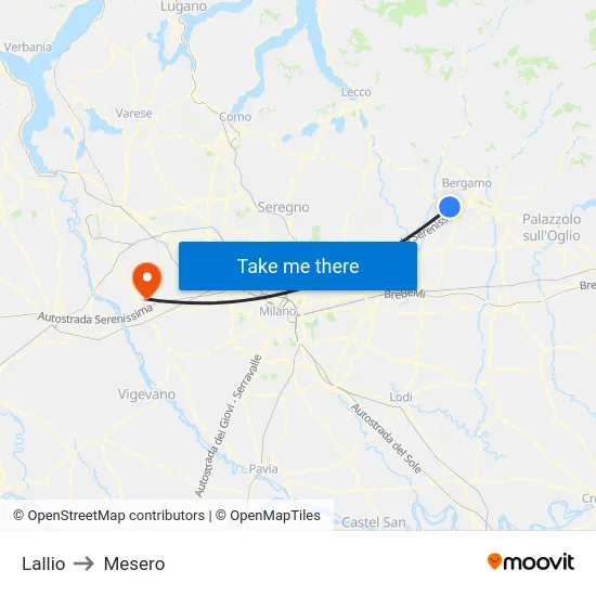 Lallio to Mesero map