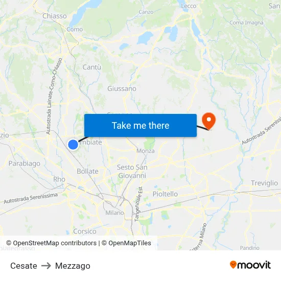 Cesate to Mezzago map