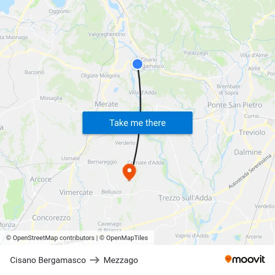 Cisano Bergamasco to Mezzago map