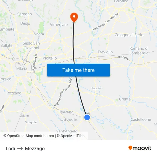Lodi to Mezzago map