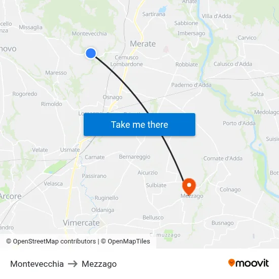 Montevecchia to Mezzago map
