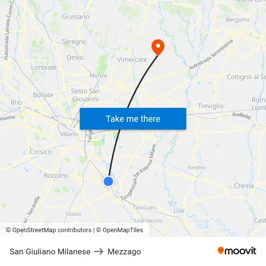 San Giuliano Milanese to Mezzago map