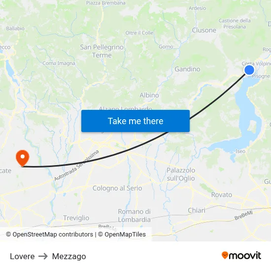 Lovere to Mezzago map