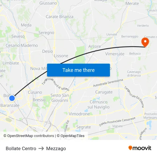Bollate Centro to Mezzago map