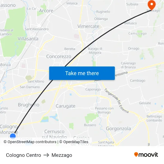 Cologno Center to Mezzago map
